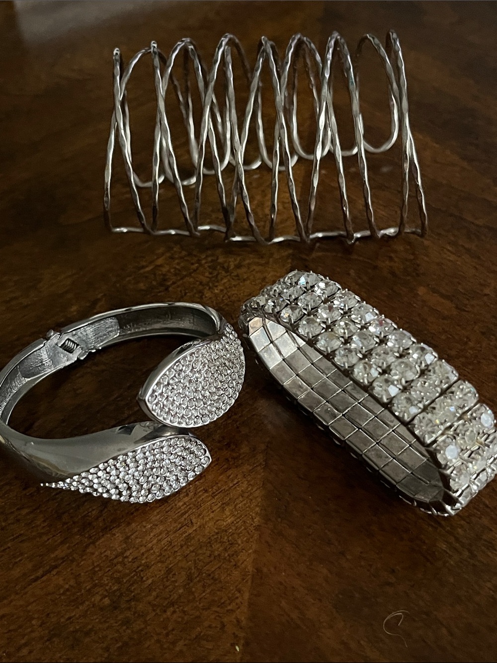 3 Bracelets- Cuff bracelet, rhinestone, and silver tone